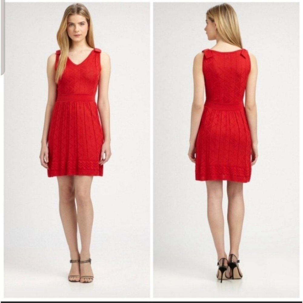 M by‎ Missoni Red Zig Zag Bow Shoulder Knit Dress Fully Lined Size Small